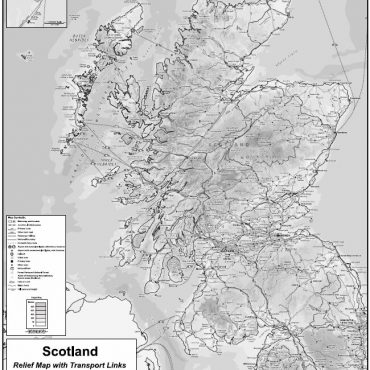 Compact Scotland Map - Relief Map with Transport Links - Greyscale - Overview